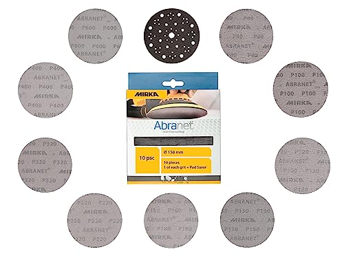 Mirka Abranet - Discos de lijado de malla de 150 mm de diámetro con velcro, 1 de cada grano 80, 100, 120, 150, 180, 220, 320, 400, 600, 10 unidades, para lijadoras excéntricas de 150 mm