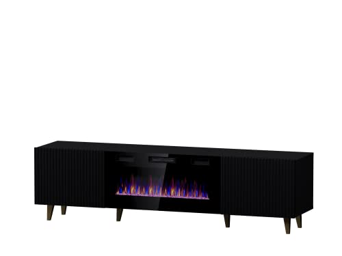 BIM Furniture PAFOS - Mueble para televisión (180 cm, con chimenea eléctrica, parte frontal fresada, tablero de fibra de densidad media, alta fidelidad, patas escandinavas, color negro mate)