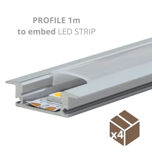 Jandei – 4x 1 m de Perfiles Aluminio (24,5 x 6,87mm) para Empotrar Tira LED, Difusor con Tapa Translúcida Redondeada, Kit Completo para Instalación. Incluye Tapas Finales