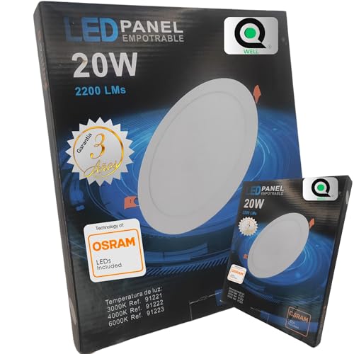 QWell - Panel Downlight LED Redondo 20W | 3 Años de Garantía | 2200 LM 6000K | Extraplano Empotrar en Techo Pladur | Luz Blanca Fría | Driver incluido | Super Eficiencia Energética Clase B