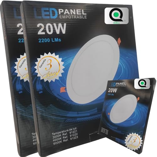 QWell - 2 X Panel Downlight LED Redondo 20W | 3 Años de Garantía | 2200 LM 6000K | Extraplano Empotrar en Techo Pladur | Luz Blanca Fría | Driver incluido | Super Eficiencia Energética Clase B