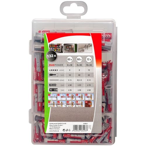 fischer - Caja tacos Duopower para pared, para pladur, hormigón y ladrillo, Color Rojo, 100 unidades