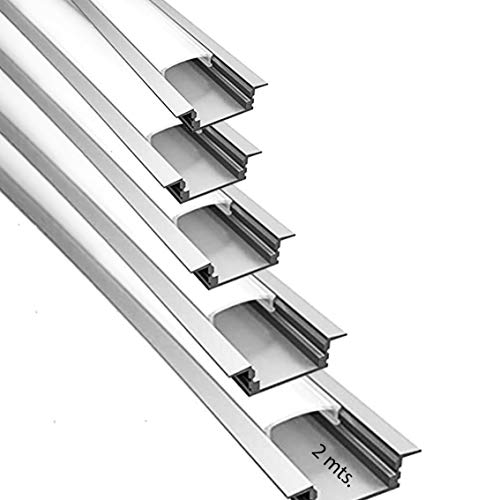 Perfil de empotrar aluminio para LED tira con difusor opaco PACK 10 metros con soporte de montaje U,barra disipador en aluminio en tiras de 2 mts, canal con soporte de montaje,tapas finales