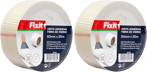 Cinta adhesiva fibra de vidrio para encolar juntas, cinta juntas pladur, cinta adhesiva para unir juntas, rollo cinta fibra de vidrio para reparacion y sellado de paredes (50mm x 20m, 2und)