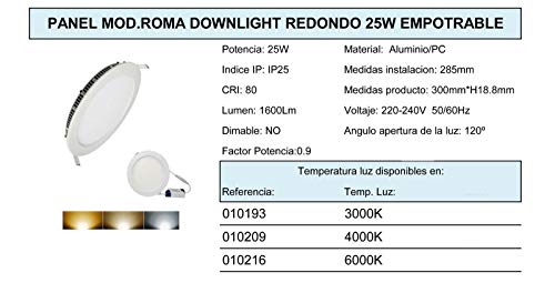 MUNDDY® - PACK DE 5 Downlight LED Panel Empotrable Redondo, iluminacion 25W, 6000k Blanco Frío, marco blanco Driver incluido ENVIO DESDE MADRID