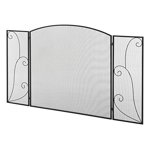 HOMCOM Biombo Chimenea de 3 Paneles Pantalla de Chimenea Plegable con Bisagras 132,5x76,5 cm ​Estructura de Metal Resistente Malla Decorativa Negro